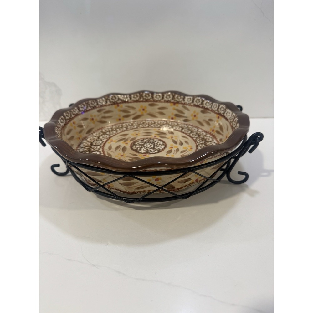 Temptations Old World Brown 9" Pie Dish Plate w/ Handles & metal rack TT14